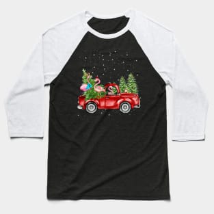 Christmas Three Flamingo Ride Red Truck Xmas Santa Hat Baseball T-Shirt